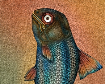 The Fish. Fine Art Matte Print of an Original Pen and Ink Illustration Digitally Colored on Archival Paper