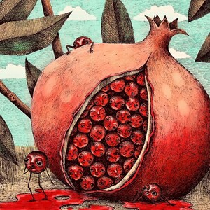 Der Granatapfel (FARBE). Fine Art Matte Druck einer Original-Stift- und Tintenillustration auf Archivpapier