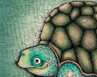 The Turtle (color). Fine Art Matte Print of Original Pen and Ink Illustration digitally colored and printed on Archival Paper