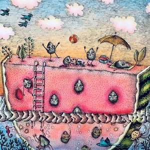 Die Wassermelone (FARBE). Fine Art Matte Druck einer Original-Stift- und Tintenillustration auf Archivpapier