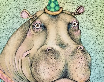 The Hippo (color). Fine Art Matte Print of Original Pen and Ink Illustration digitally colored and printed on Archival Paper