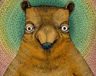 L’ours. Fine Art Matte Print d’une illustration originale au stylo et à l’encre colorée numériquement sur papier d’archives.