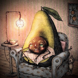 Die Avocado (FARBE). Fine Art Matte Druck einer Original-Stift- und Tintenillustration auf Archivpapier