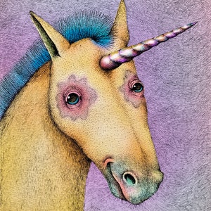 The Unicorn (color). Fine Art Matte Print of Original Pen and Ink Illustration digitally colored and printed on Archival Paper