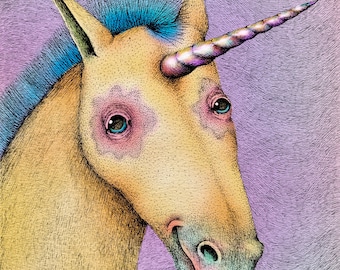El Unicornio (color). Impresión mate de bellas artes de la ilustración original de pluma y tinta coloreada digitalmente e impresa en papel de archivo