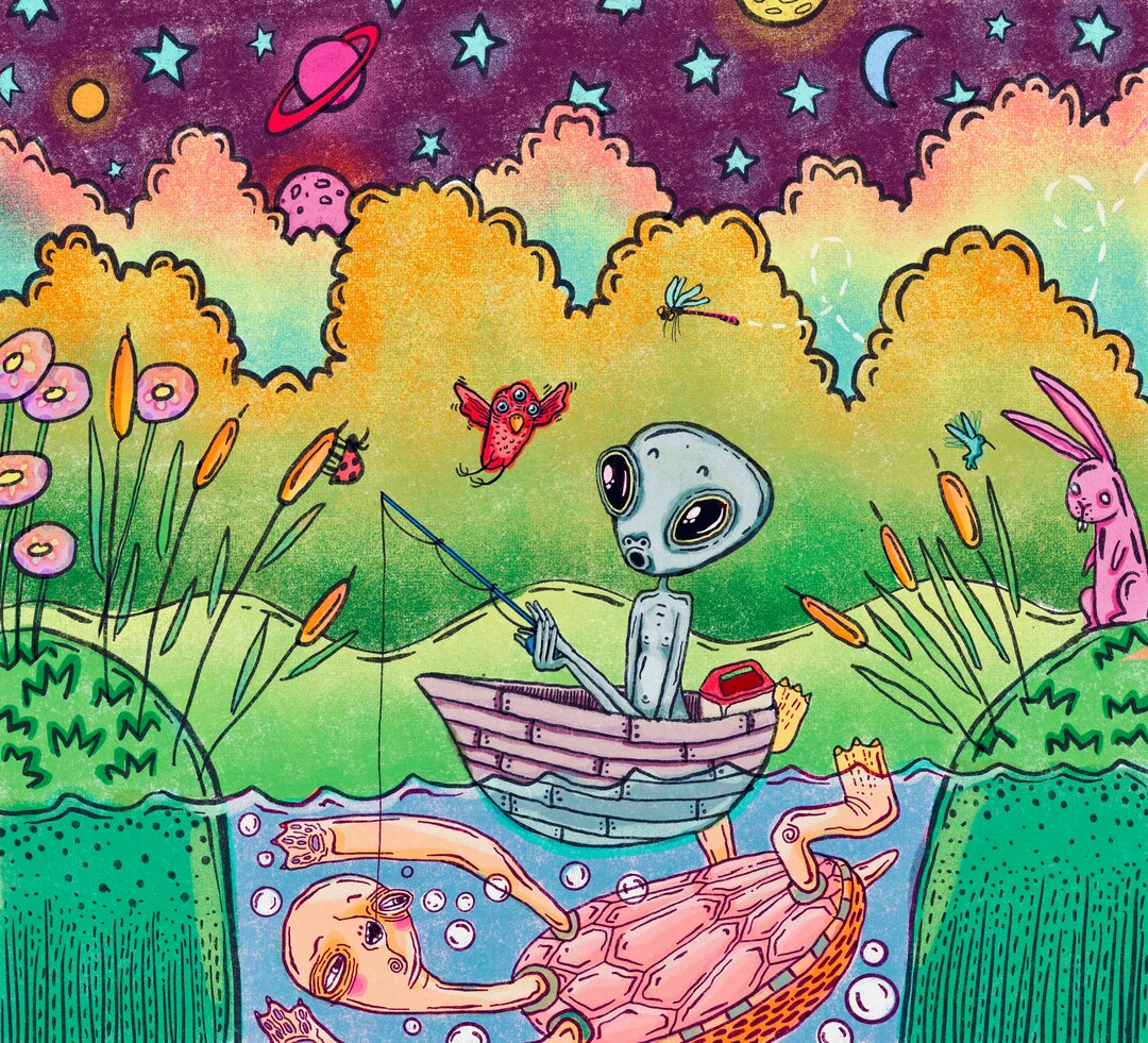 The Fishing Alien (COLOR). Fine Art Matte Print of an Original Pen and ...