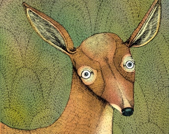 O cervo (cor). Impressão fosca de belas artes da ilustração original com caneta e tinta colorida digitalmente e impressa em papel de arquivo