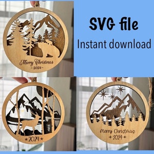 Pacote de enfeites de Natal SVG Arquivos de corte a laser, enfeites de urso de veado da montanha SVG, enfeites de madeira DIY Arquivos de corte a laser, Pacotes de enfeites circulares