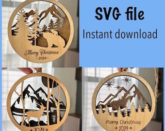 Christmas Ornaments bundle SVG Laser cut files, Mountain deer bear ornaments SVG, Wood ornament DIY Laser cut files, Circle ornament bundles