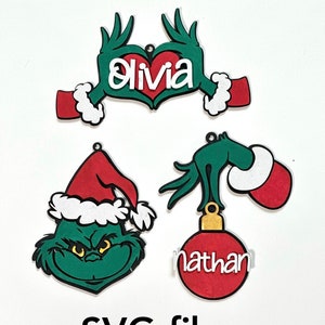 File SVG di ornamenti natalizi tagliati al laser, download digitale, Grinch, pacchetto SVG di personaggi natalizi verdi