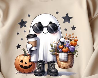 Girly Ghost Coffee PNG: Retro Halloween Shirt Design (Digital Download, 4000x4000 px)