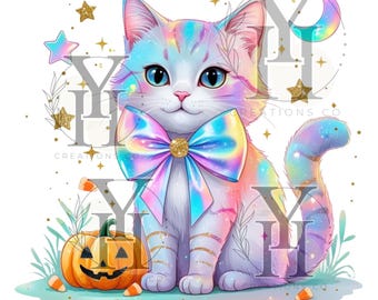 Holographic Halloween Cat PNG: Kawaii Sublimation Design (Digital Download)