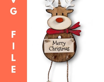 Adorno navideño de ciervo SVG, archivo de corte láser de madera, decoración navideña rústica DIY