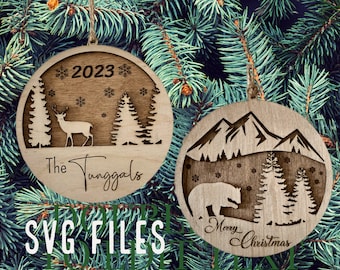Christmas Ornaments bundle SVG Laser-cut files, Mountain deer ornaments SVG
