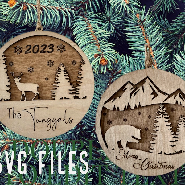 Christmas Ornaments bundle SVG Lasercut files, Mountain deer ornaments SVG
