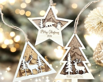 Christmas Ornaments bundle SVG Laser cut files, Mountain deer ornaments SVG, Christmas tree, star shape ornaments, instant download