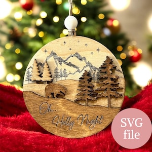 Mountain Christmas Ornaments SVG, Wood Ornament Laser Cut File, Round Wooden Ornament DIY