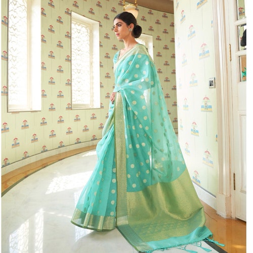 Organza Silk Saree For Woman In Dark deals Sage Green with Banarasi Weave And Zari Butties.