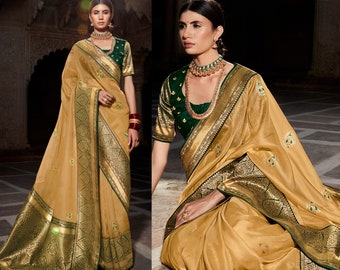 Skin Beige and Green Paithani Silk Saree for Woman With 