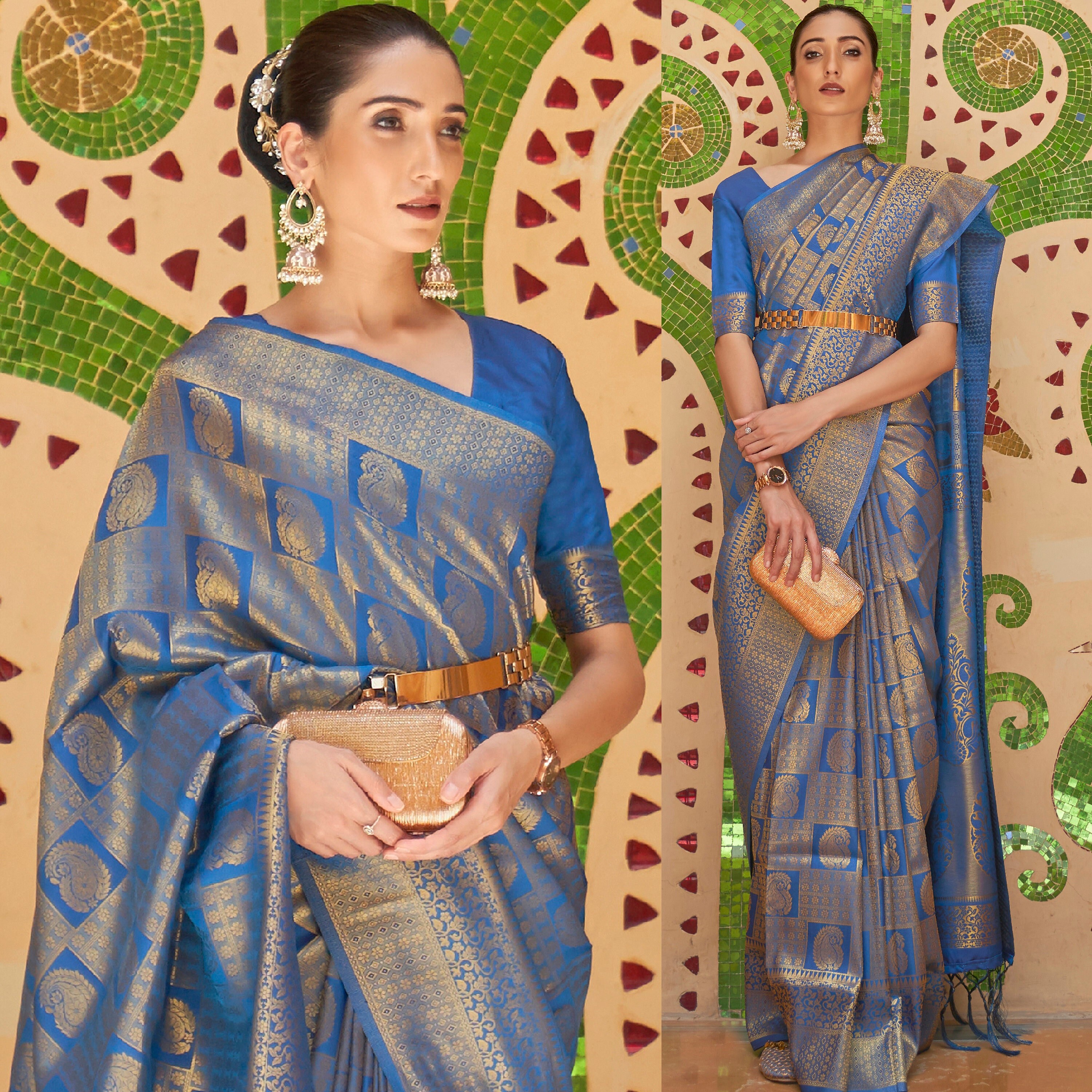 Electric Blue Kanjivaram Silk Sarees With Blouse Stitched Etsy
