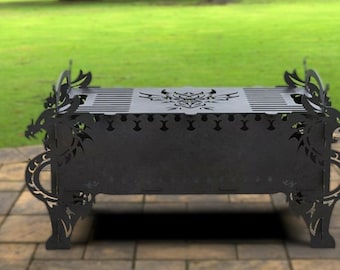 May include: Black metal fire pit with a dragon design. The fire pit has a square base and a rectangular top with a decorative dragon design in the center. The fire pit is sitting on a brick patio.