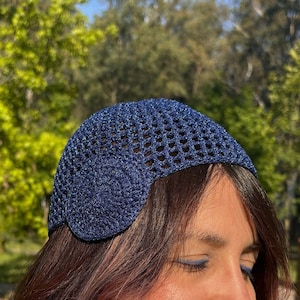 Sparkle Navy Blue Hat Crochet Skull Cap Beanie, Party Costume Metallic Blue 70&#39;s Retro Hat, Lace Beanie