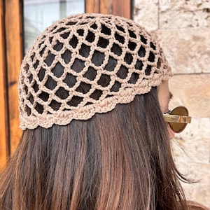 Beige Mesh Crochet Skull Cap ,Fish Netted Mesh Beanie, Crochet Boho Hat, Summer Beanie, Handmade Hat