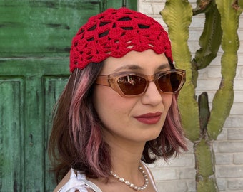 Crochet Lace Skull Cap, Open Knit Crochet Summer Hat, Retro 70s Hat, Party Hat