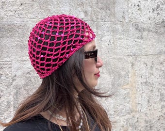 Fuchsia Sequin Skull Cap Beanie, Crochet Head Boho Style Accessory