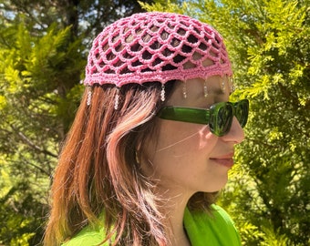 Pink Crochet Mesh SkullCap, Cotton Summer Hat With Tassels, Flapper Headpiece, Festival 70's Hat, Beaded Cap Hat
