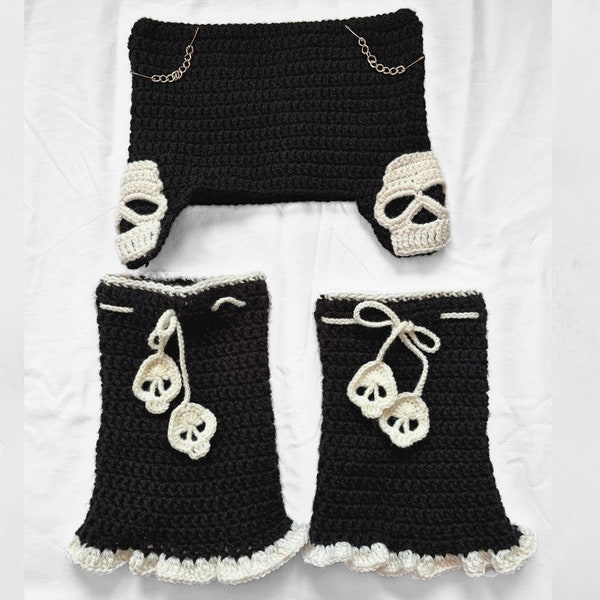 Beinwärmer, Totenkopf Katze Mütze, Schwarz Goth Girl, Slouchy Beinwärmer, Gehäkelte Beinwärmer, Beanie und Beinwärmer-Set