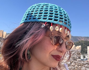 Crochet Skull Cap with Seashell, Blue Cotton Mesh Hat, Netted Mesh Lace Beanie, Crocheted Mesh Summer Hat, Vintage Outfit