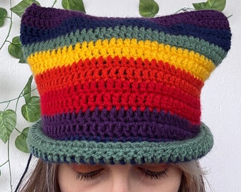 LGBTQ+. Pride Beanie,  Crochet Beanie, Rainbow Crochet Beanie, Cat Ears Hat