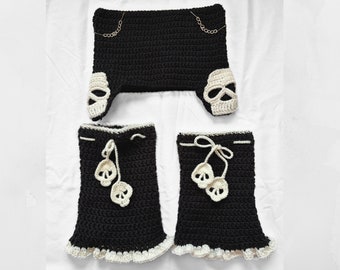 Leg Warmers, Skull Cat Beanie, Black Goth Girl, Slouchy Leg Warmer, Crochet Leg Warmers, Beanie and Leg Warmer Set