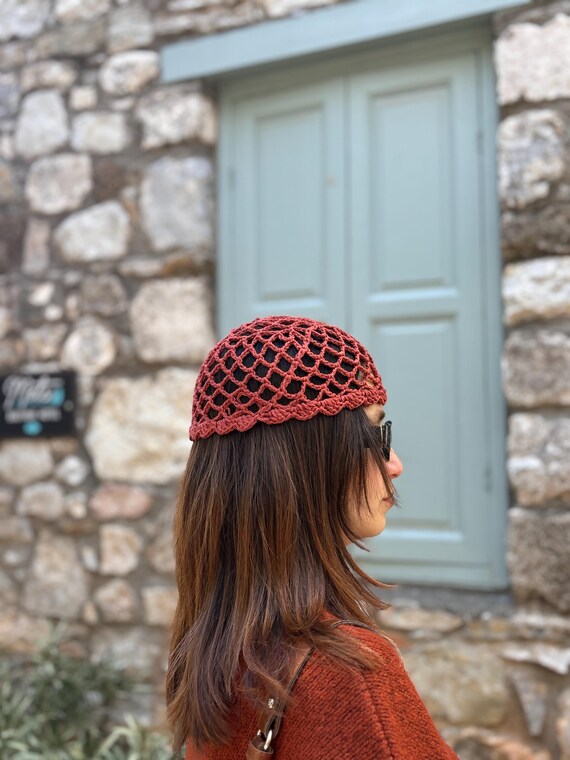 Crochet Mesh Skull Cap Beanie, Terracotta Cotton Lace  display picture 3