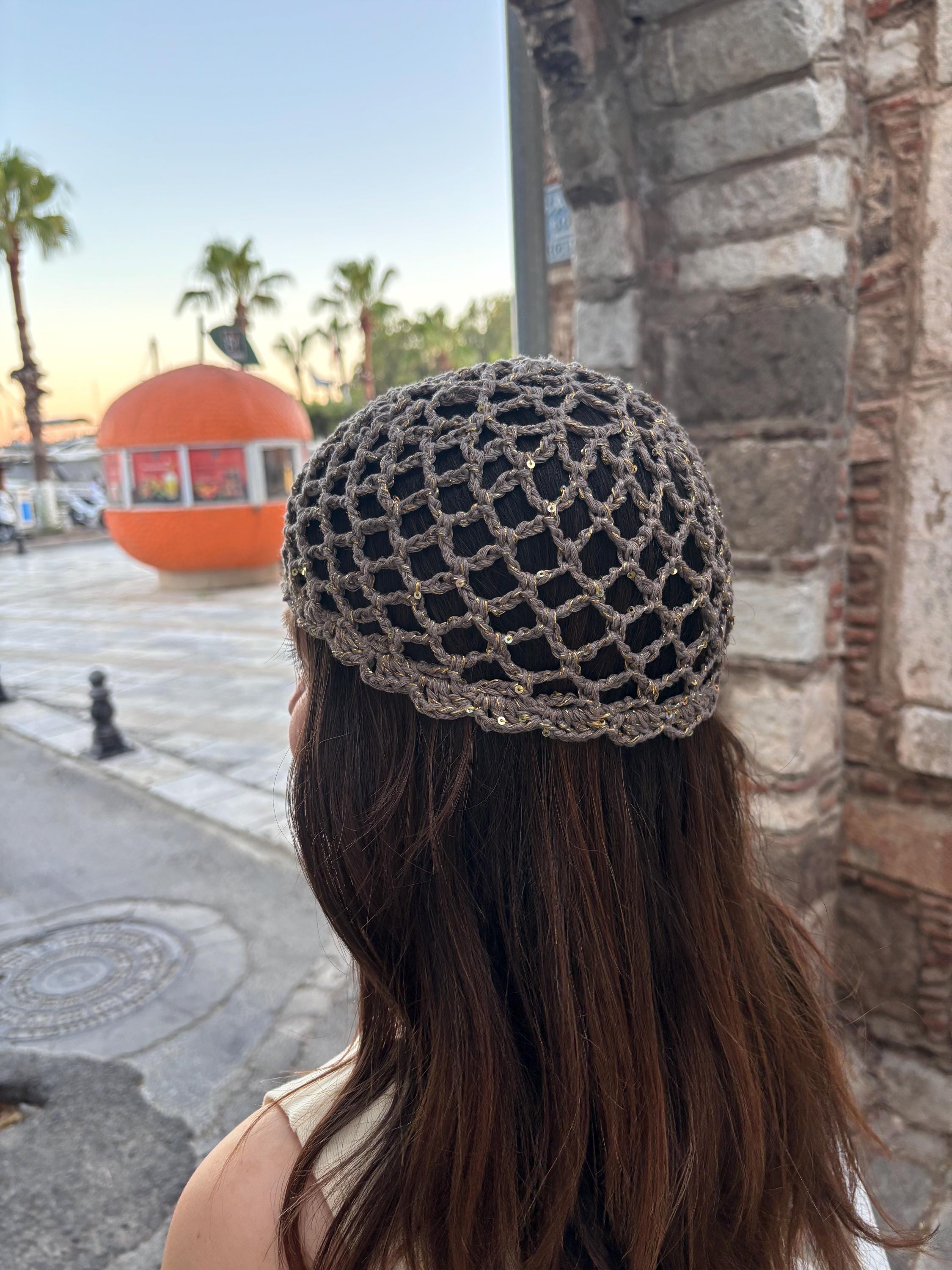 Handmade Sequin Crochet Hair Net, Boho Skull Cap, Taupe Openwork