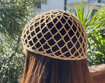 Cream Crochet Cap with Gold Sequins, Boho Festival Headpiece
