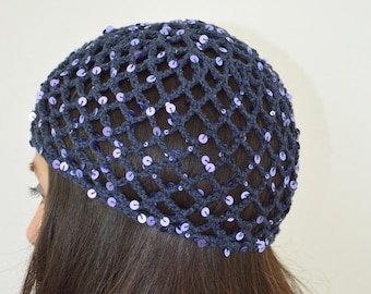 Indigo Blue Crochet Skull Cap with Sequin, Mesh Beanie