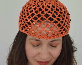 Burnt Orange Sequin Crochet Mesh Beanie, Sparkly Festival Hat, Handmade Summer Skull Cap