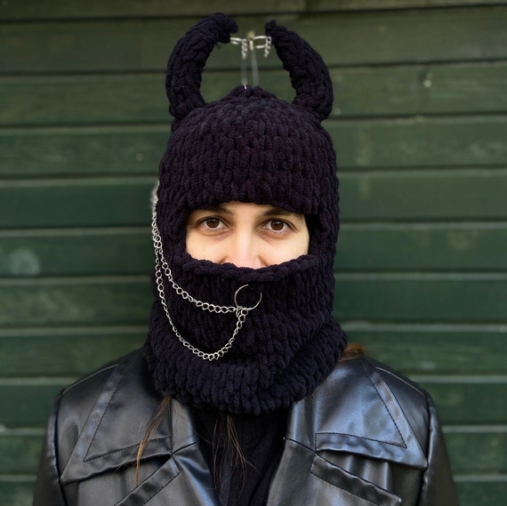 Demon Horns Balaclava Devil Horns Knit Ski Mask Hat With Ears