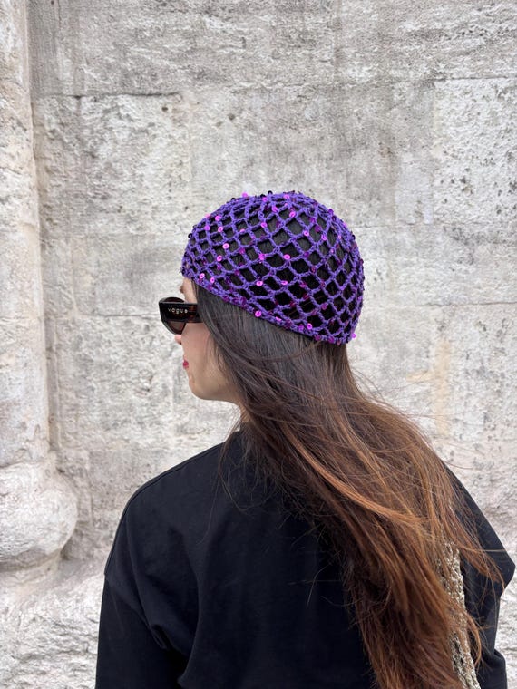 Purple Crochet Handmade Beanie Hat Handmade knit crocheted soft purple beanie skull cap OSFM  main image 3