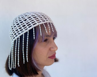 Hat With Tassel, Skullcap Pearl Beaded Beanie, Crochet