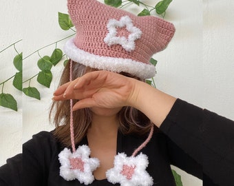 Star Cat Beanie, Custom Cat Ear Beanie, Fluffy Cat Hat, Pink Hat With Ears, Handmade Gift