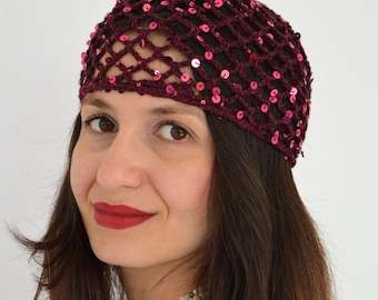 Burgundy Sequin Crochet Mesh Hat, Cotton Summer Skull Cap