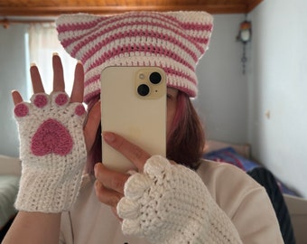 Guanti senza dita a forma di zampa di gatto e berretto a forma di gatto all'uncinetto, regalo per gli amanti dei gatti, cappello rosa e bianco
