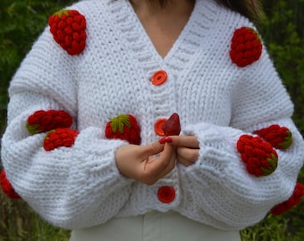 Strawberry Cardigan For Woman, Hand Knit Sweater, White Sweater, Cute Kawaii Strawberry Cardigan, Chunky Cropped Sweater