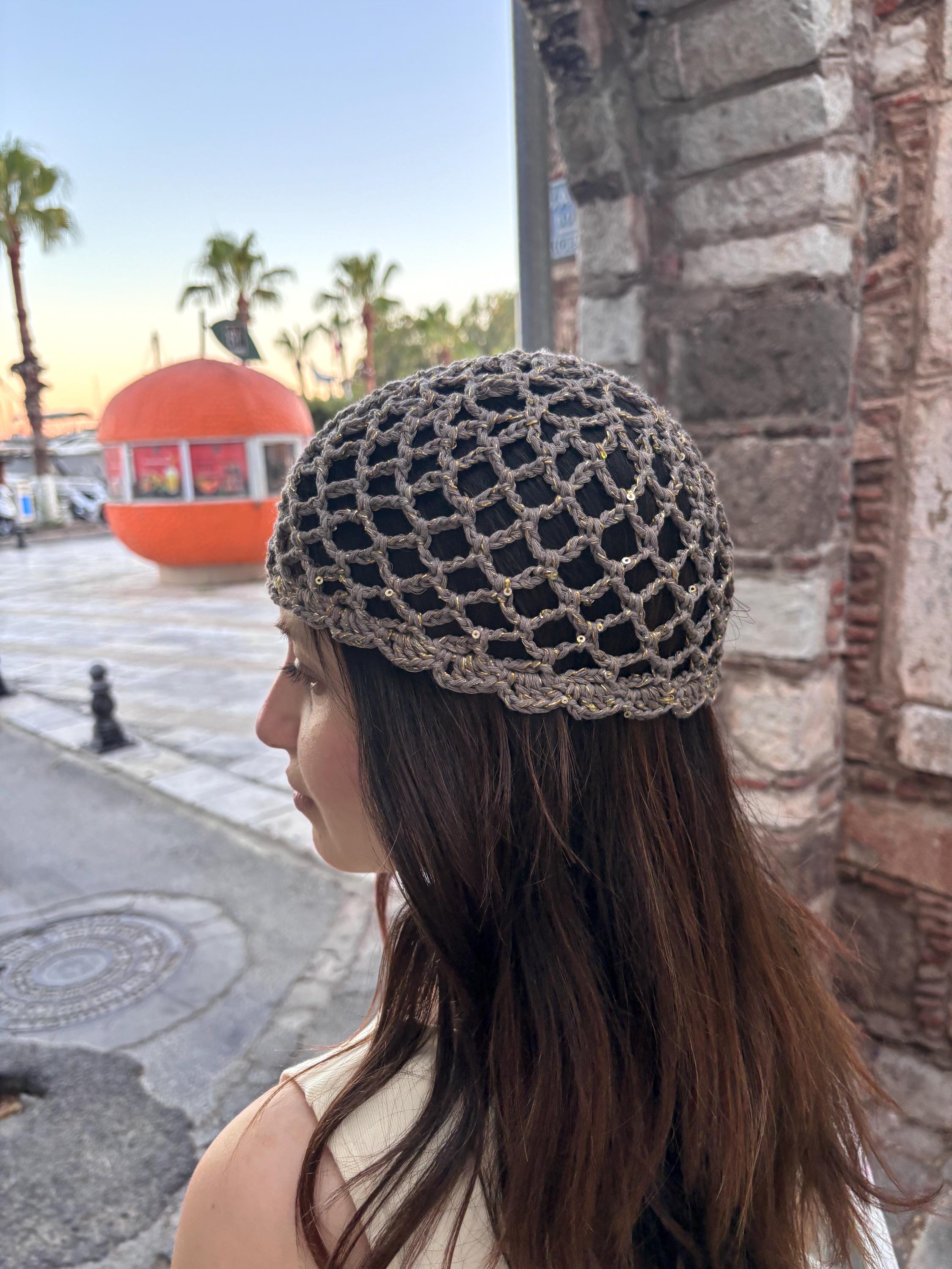 Handmade Sequin Crochet Hair Net, Boho Skull Cap, Taupe Openwork