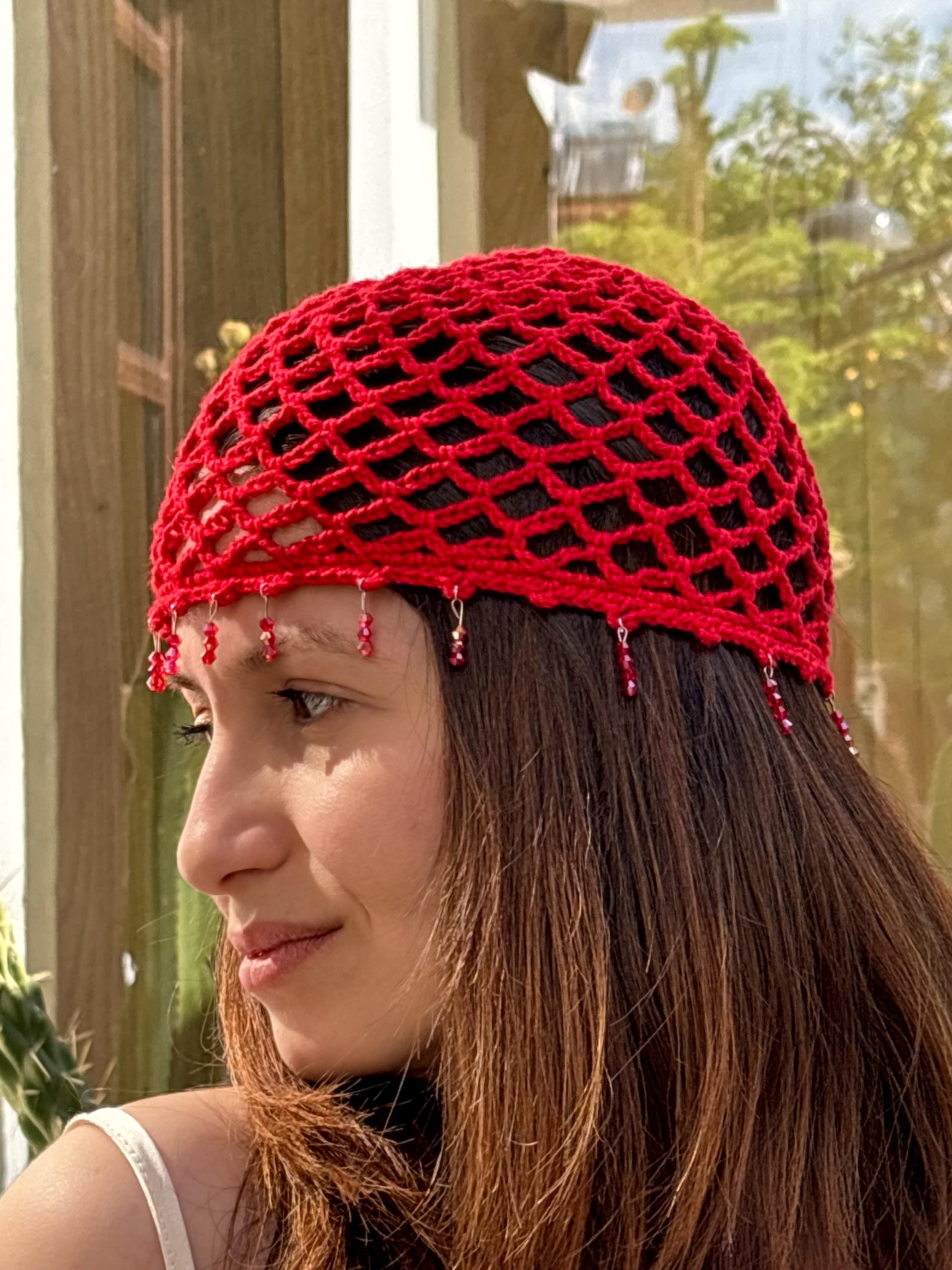 Women\'s Cotton Crochet Slouchy Beanie Hat Knit Summer Skull Cap Burgundy Red Handmade Crochet Slouchy Beanie Hat Set for Women - Floral  main image 4