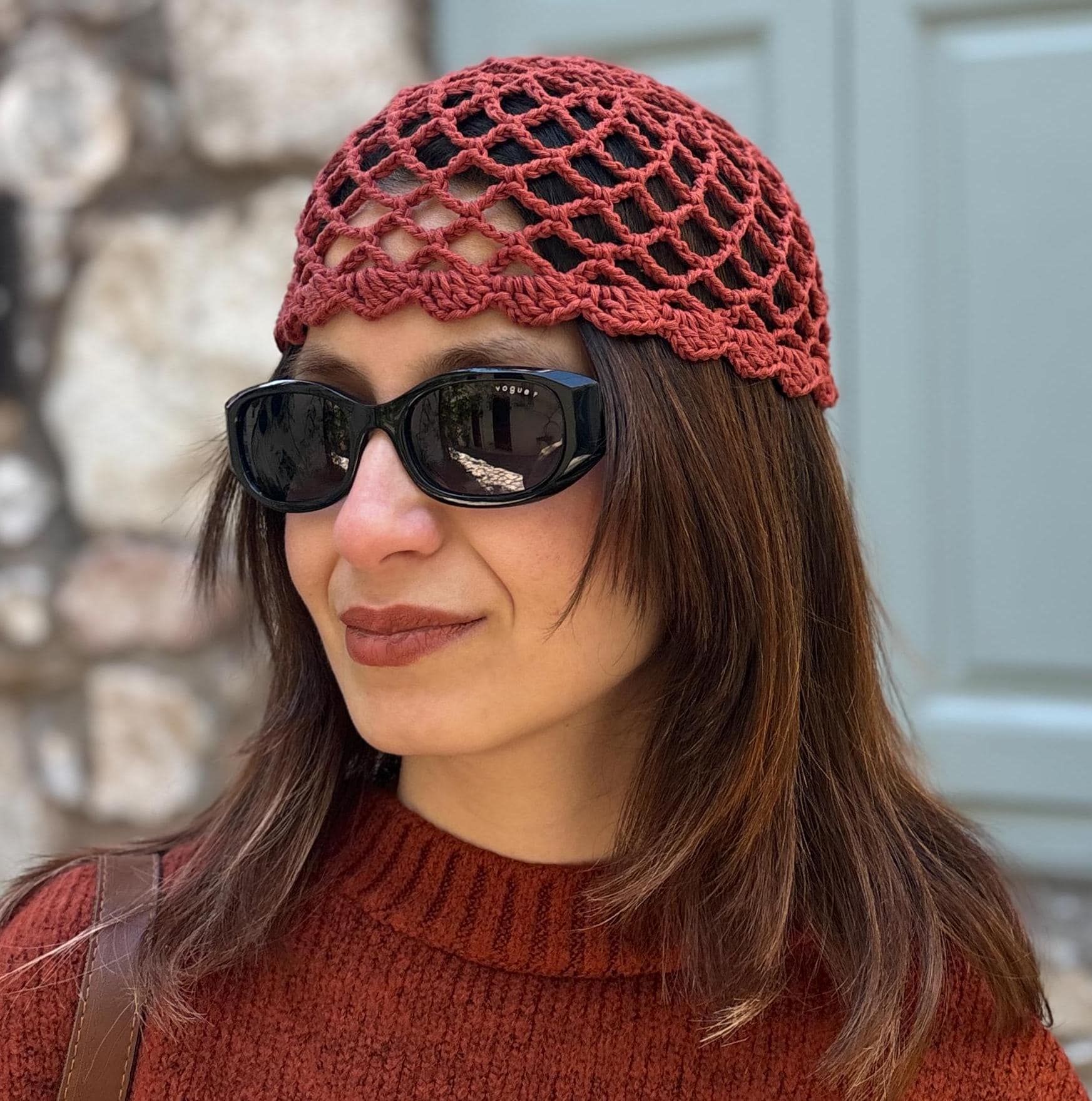 Crochet Mesh Skull Cap Beanie, Terracotta Cotton Lace  display picture 1