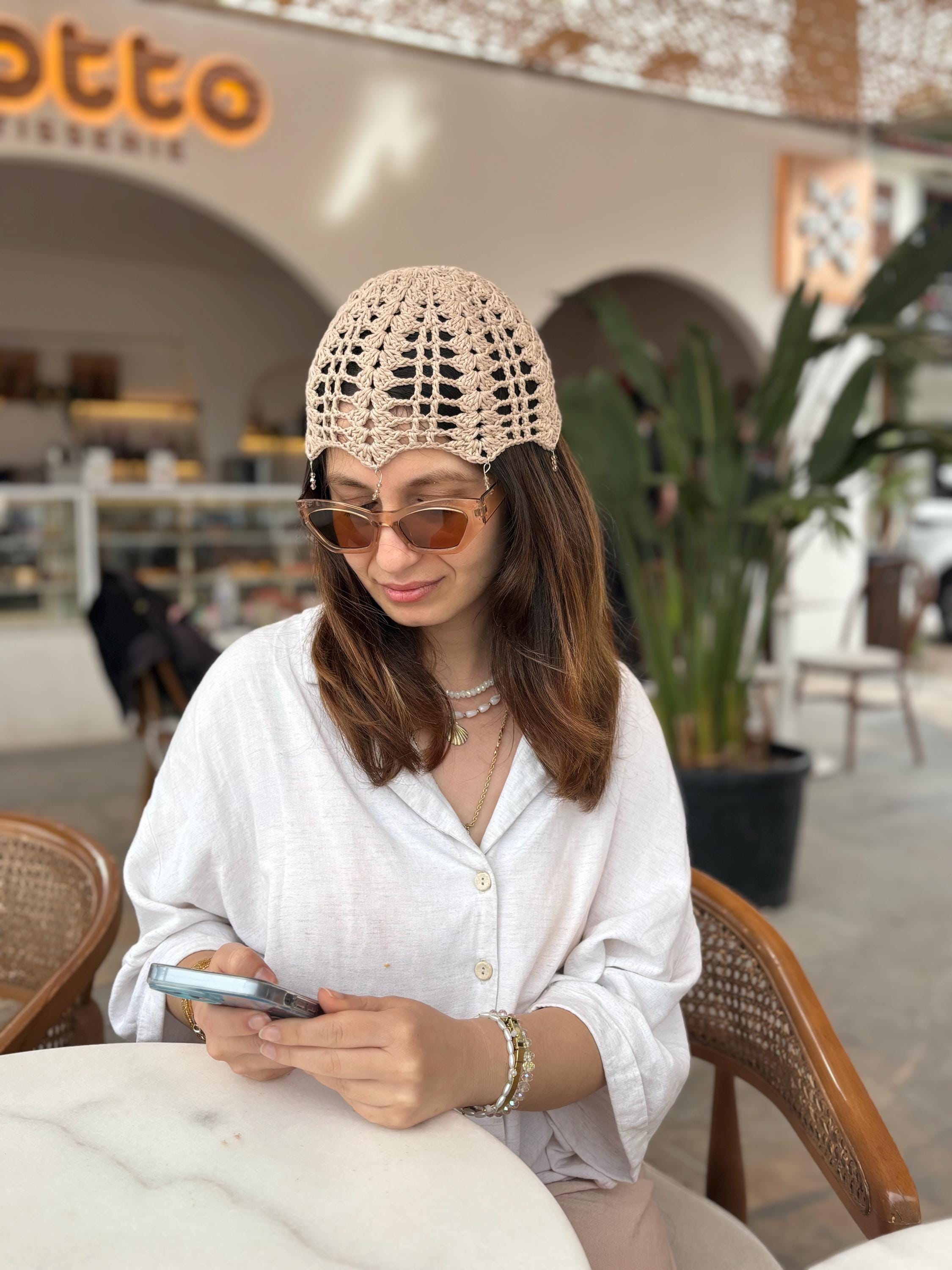 Beige Crochet Lace Skull Cap, Knit Netted Headpiece Vintage Juliet